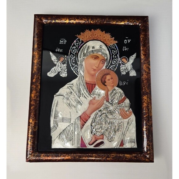 Byzantine Orthodox Icon Theotokos Madonna & Child Mother of Pearl Inlay Framed - Picture 6 of 13